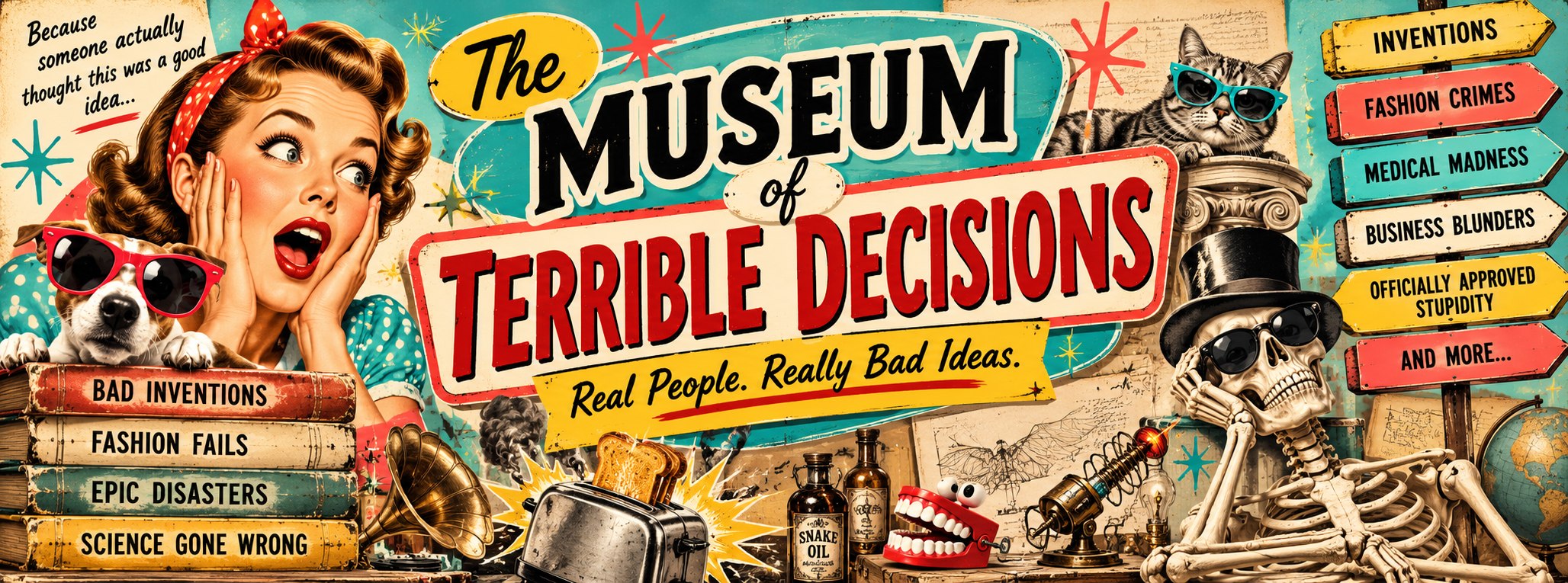 Retro kitsch Museum of Terrible Decisions illustrated banner